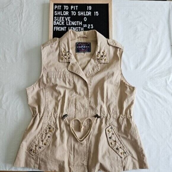 Papaya Vest Womens L Tan Full Zip Studs Pockets Drawstrings Cotton Boho Hippie - Picture 14 of 14